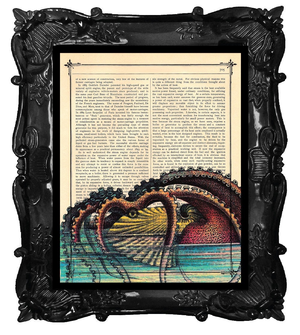 Nautilus art print marine life home decor antique Nautilus Octopus ocean dictionary page antique book octopus print