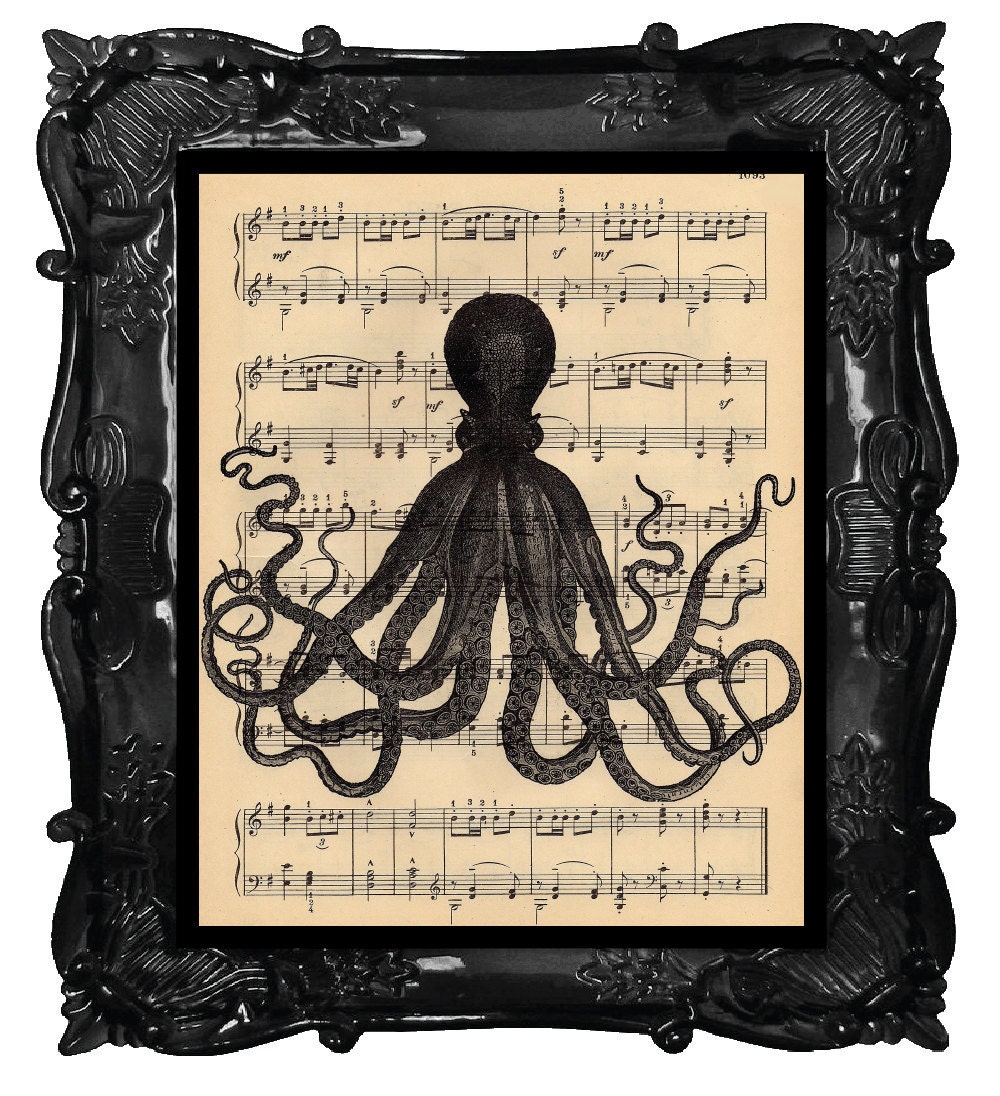 Black Beauty Octopus Art Print on antique music sheet book page or antique Book Page with text Octopus Print