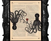 Custom OCTOPUS LOVE dictionary art print on antique book page OCTOPUS Love art print anniversary black white red beach wedding