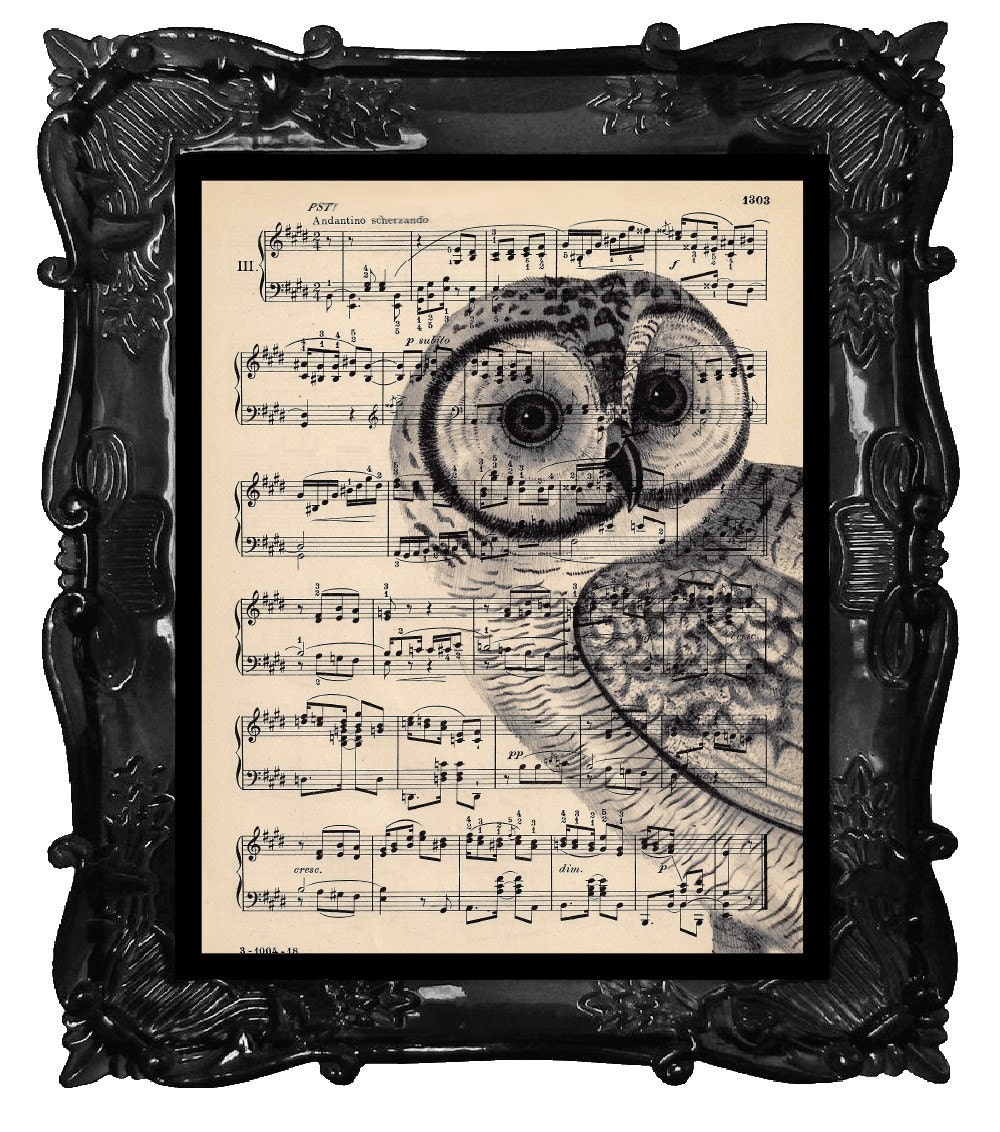 Upcycled Dictionary Page Upcycled Book Art Upcycled Art Print Upcycled Book Print Vintage Art Print Owl Peeper Music Sheet