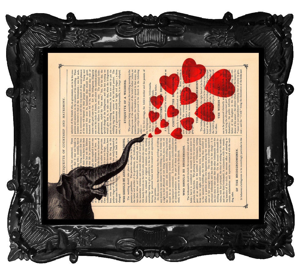 Love Elephant Art Print Vintage Dictionary Print Antique Hearts Book Page Elephant Art Print