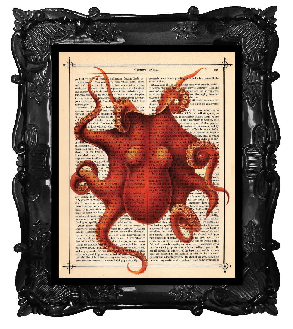 Mod Orange OCTOPUS Print, OCTOPUS antique book page print, orange OCTOPUS dictionary print Orange Octopus