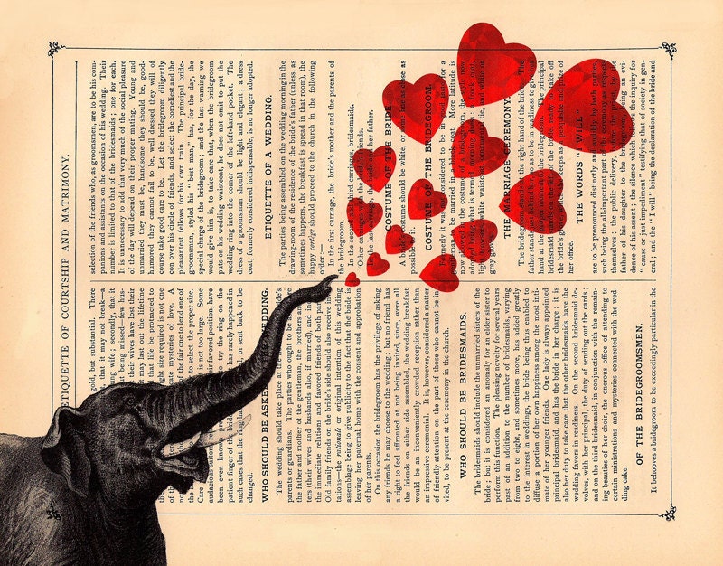 Love Elephant Art Print Vintage Dictionary Print Antique Hearts Book Page Elephant Art Print