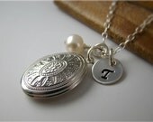 5 Personalized Bridesmaid Gifts Jewelry Initial Locket Necklaces, Wedding Jewelry, Bridesmaid Gift, Sterling Silver, Pearl BM015