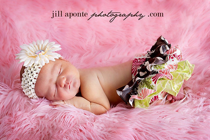 Cream, pink, hot pink, brown, lime flower and polka dot ruffle bloomers diaper cover