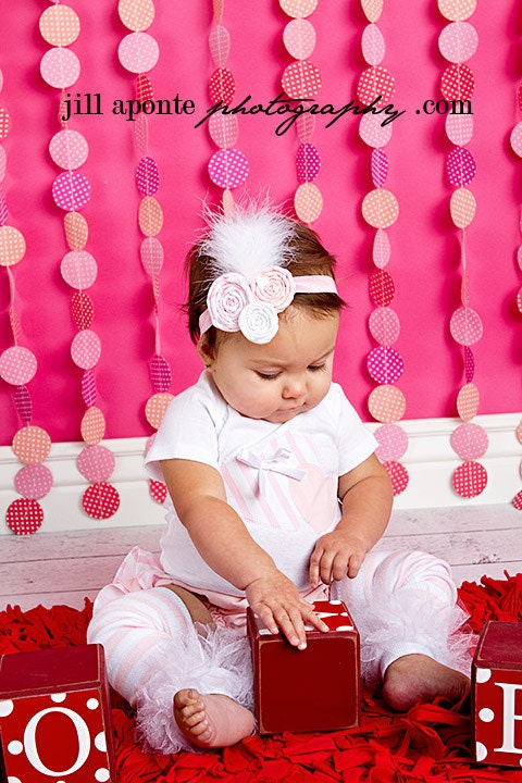 Valentine white and pink striped heart onesie striped ruffle bloomers diaper cover w/matching fabric rolled  rosette headband