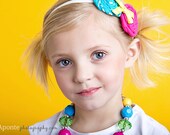 Newborn Baby Infant Girl Toddler teal and hot pink rolled fabric rosette headband