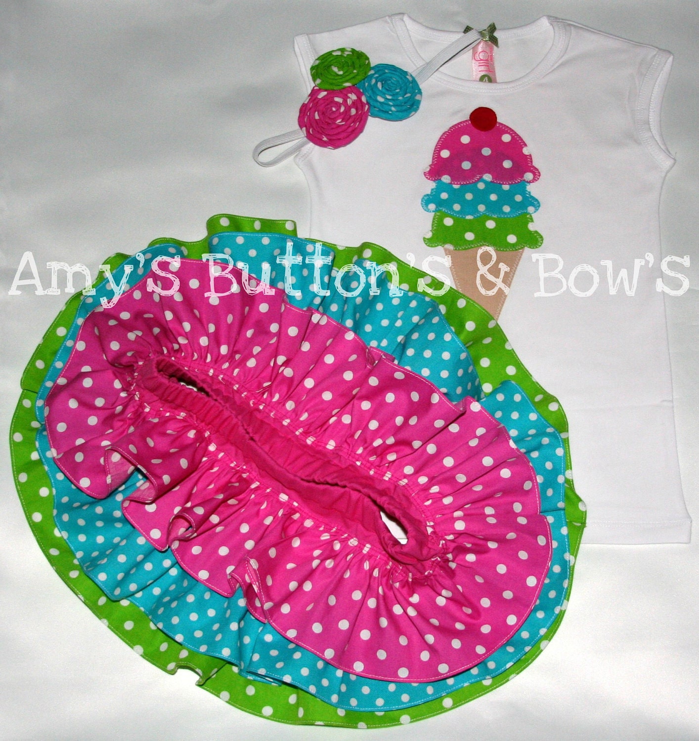 Ice Cream birthday shirt or onesie all around ruffle bloomer skirt w/fabric rolled rosette headband