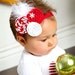 LONG SLEEVE Christmas white and red striped candy cane onesie striped ruffle bloomers diaper cover w/fabric rolled rosette headband