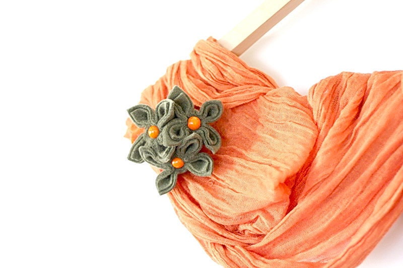 Olive with Orange, Felt Flower Brooch
