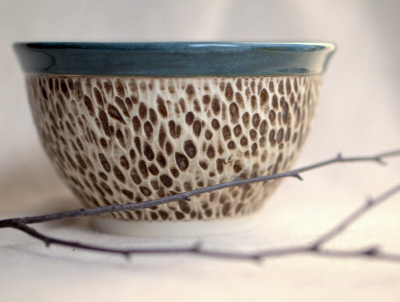 Small Rustic Porcelain Textured Bowl with Teal Interior