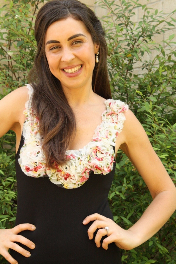Christina black mini dress with floral trim