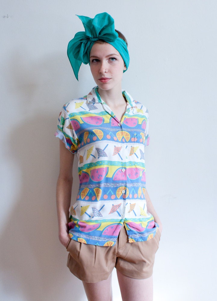 vintage novelty shirt / summer fruit print / rayon / S