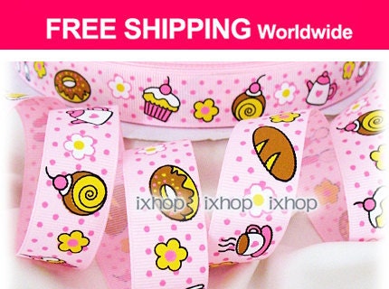 5 Yards 7/8" 22mm High Tea (Pink) Grosgrain Ribbon Pastry ..... 7100/23 2225 ..... FREE SHIPPING Worldwide