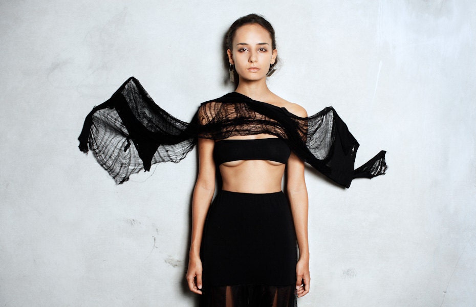 Black Scarf - Shredded Scarf - Deconstructed - Summer Scarf - Black Shawl