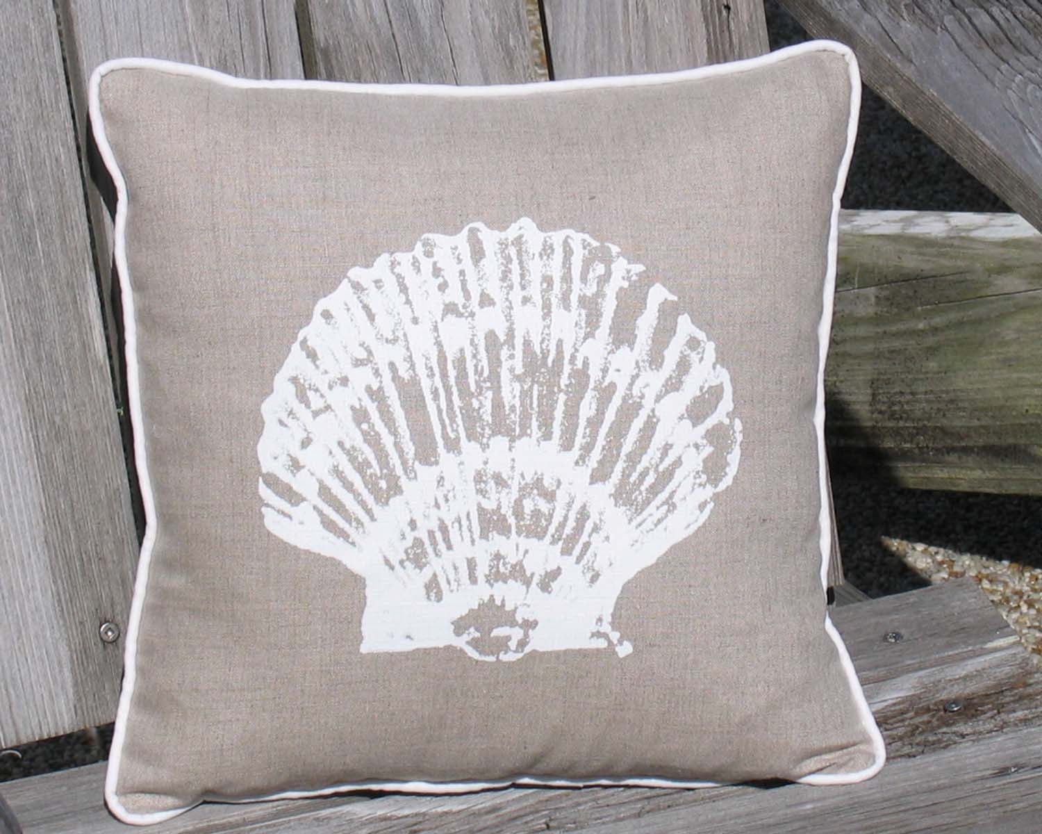 Hand Printed Scallop Shell on Natural Linen Decorative Pillow For Your Beach House
