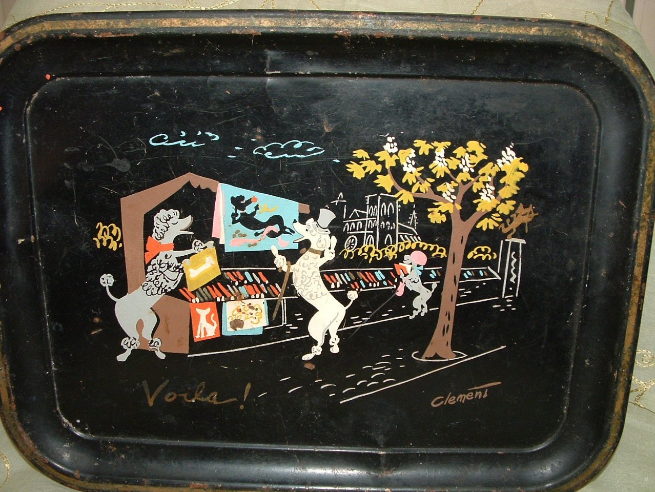 1950s Poodles in Paris Metal serving Tray by Clement.