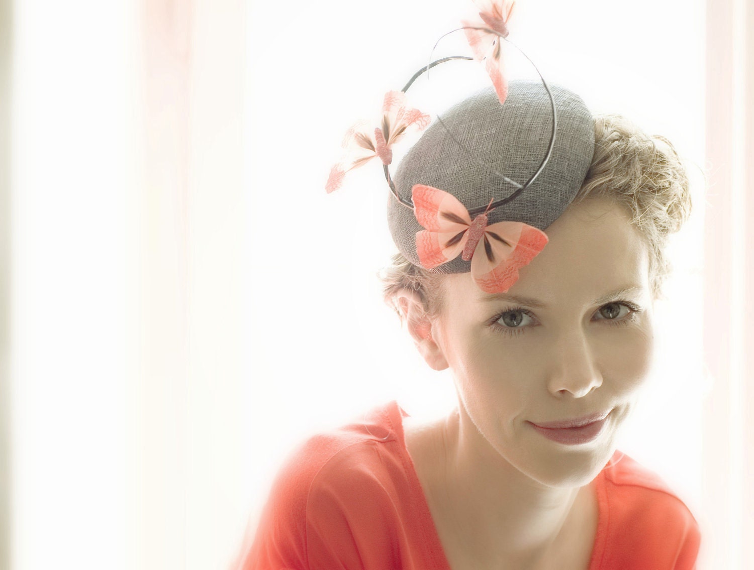 Dark Grey Cocktail Straw Mini Hat Pillbox Orange Butterflies Headpiece Gift Fascinator Butterfly Weddings Party Races - EllaGajewskaHATS Dark Grey Cocktail Straw Mini Hat Pillbox Orange Butterflies Headpiece Gift Fascinator Butterfly Weddings Party Races - EllaGajewskaHATS
