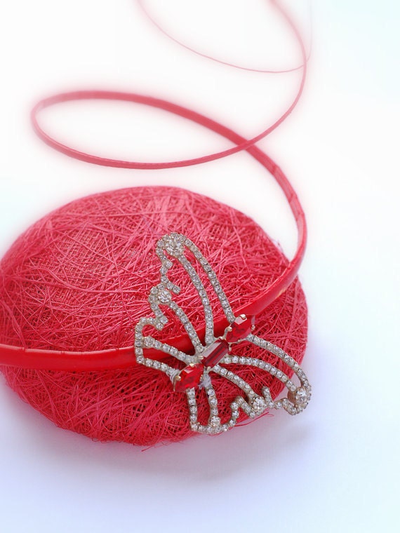 Royal Derby Fascinator Red Headpiece Cocktail Mini Hat Butterfly Weddings Races Swarovski Rhinestones Head Piece