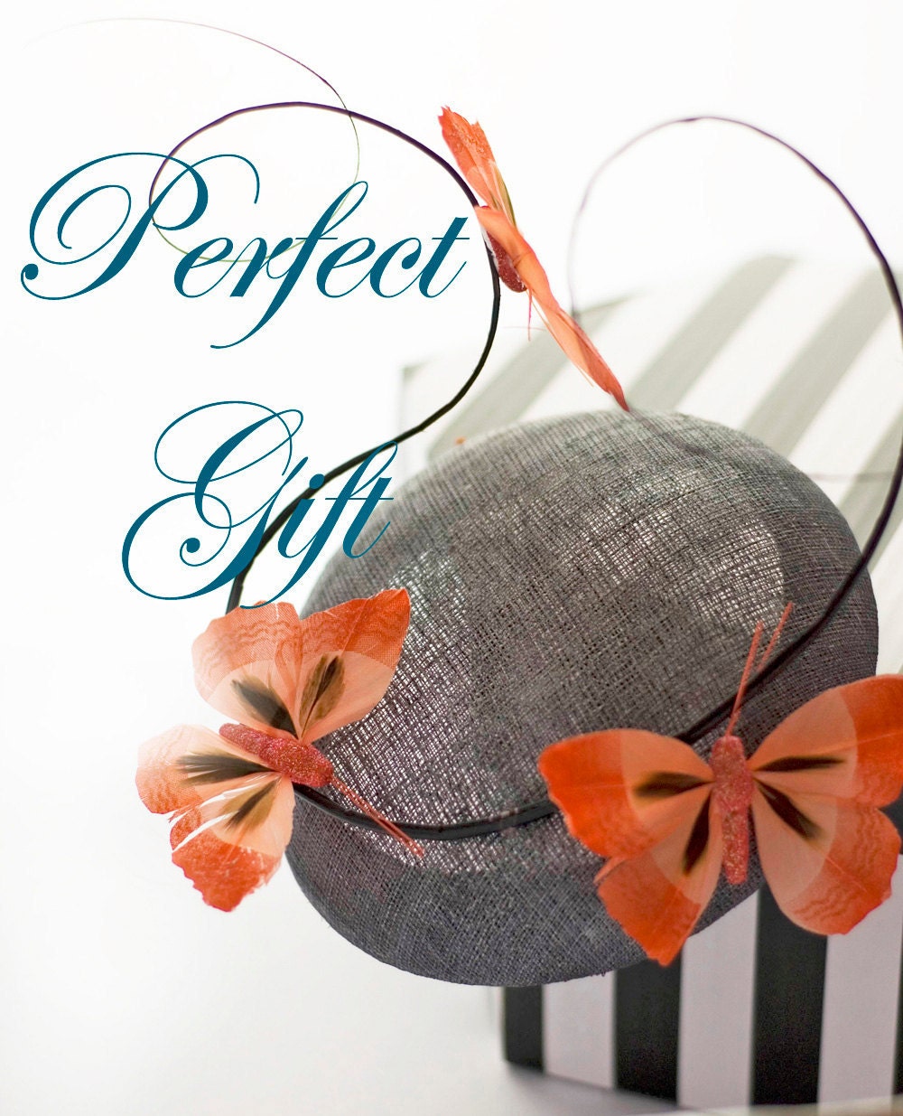 Dark Grey Cocktail Straw Mini Hat Pillbox Orange Butterflies Headpiece Gift Fascinator Butterfly Weddings Party Races