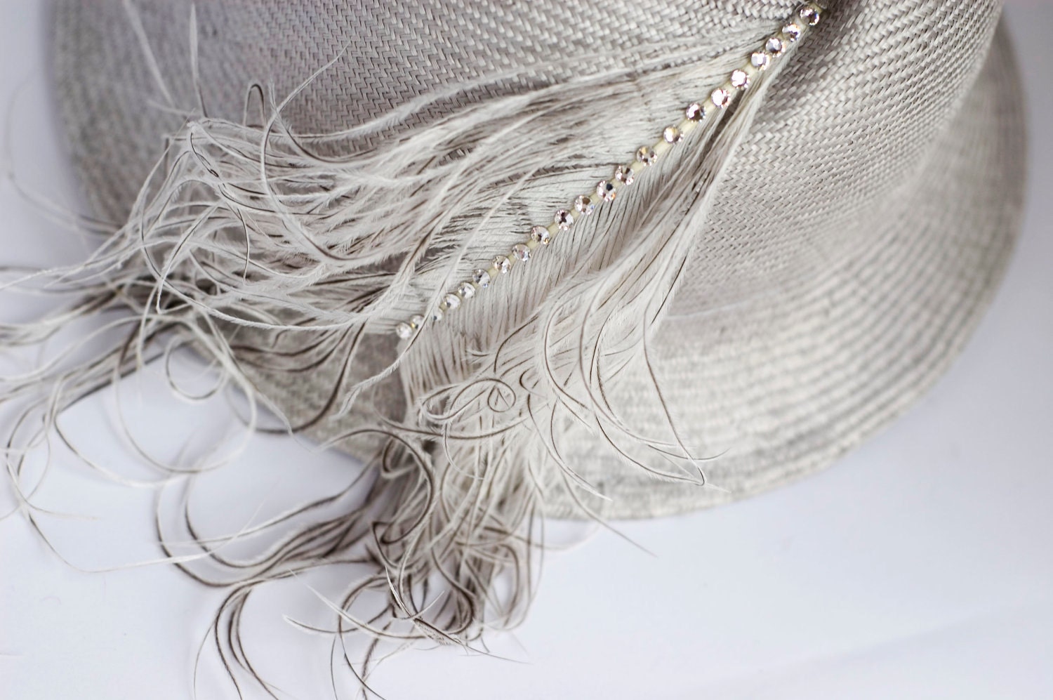 Grey Straw Hat The Great Gatsby Inspired 1920's Gray Silver Summer Races Swarovski Rhinestones Weddings Ostrich Feather Racing Wear Women