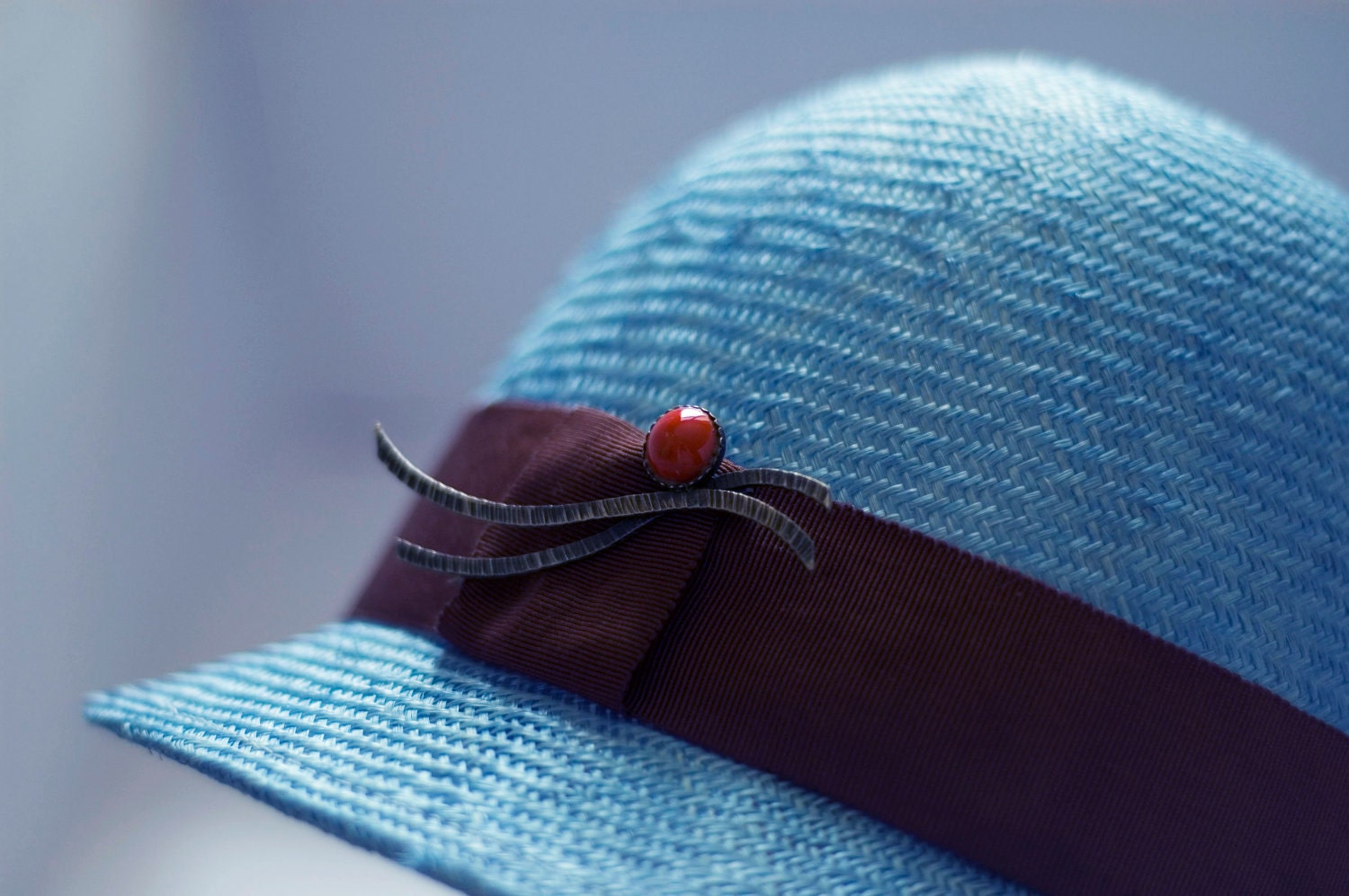 Summer Straw Hat Turquoise Blue Great Gatsby 1920's Inspired Chocolate Brown Tape Weddings Racing Garden Party Vintage Brooch