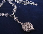 Ornate Bali SILVER Pendant, Rock Crystal Quartz, Wire Wrapped, Sterling Silver Necklace