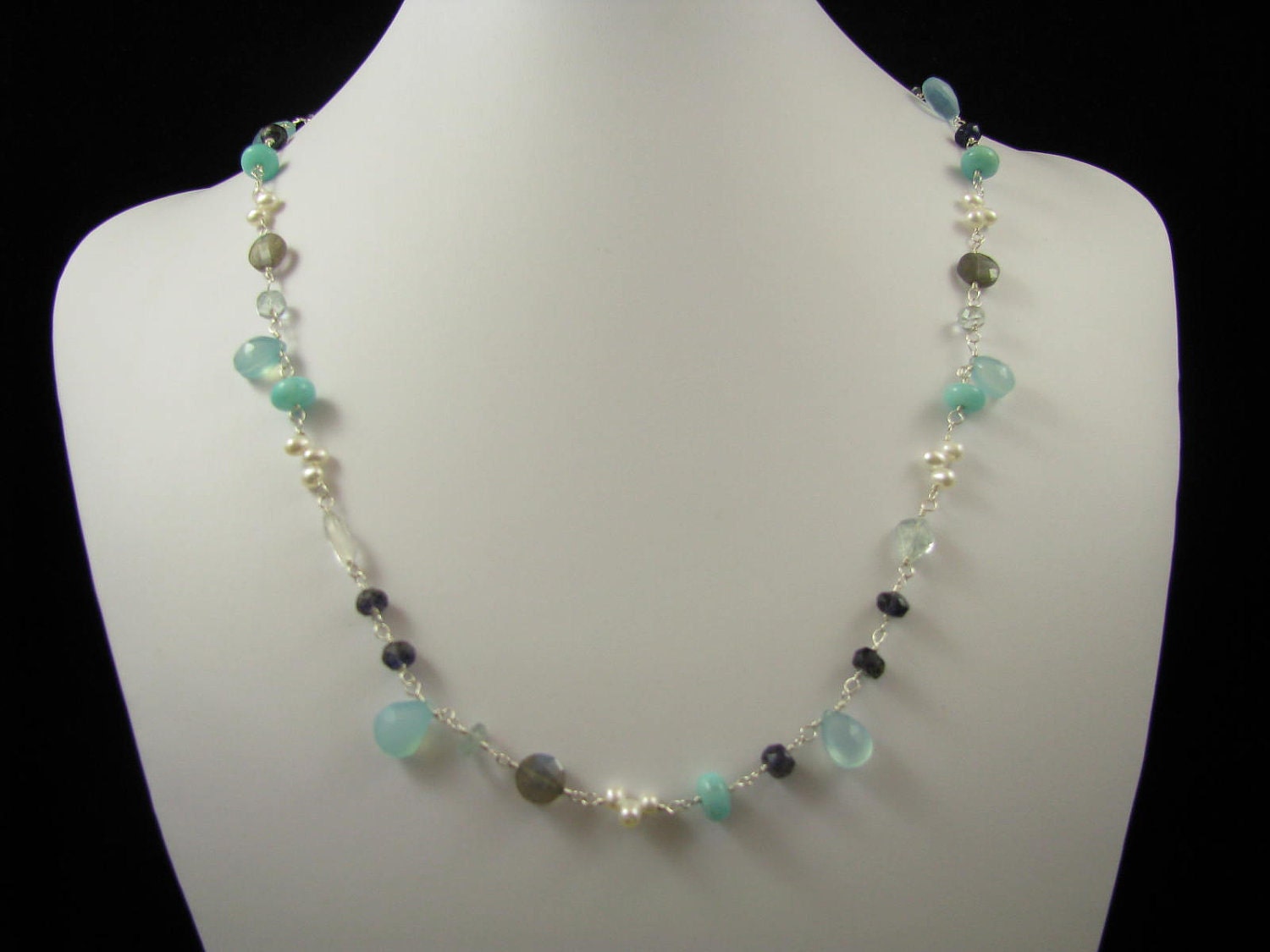 Soothing Shades of Blue, GENUINE Gemstone,  Aquamarine, Labradorite, Peruvian Opal, Iolite, Freshwater Pearl, Wire Wrapped Sterling Necklace