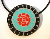 MEXICAN Pendant Mosaic Turquoise Red Black Circle in Polymer Clay