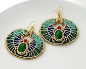 Egyptian Goddess -MADE to ORDER- Geometric Bead Embroidered Statement Earrings, Egyptian Scarab Jewelry, Gold Plate, Coral, and Glass