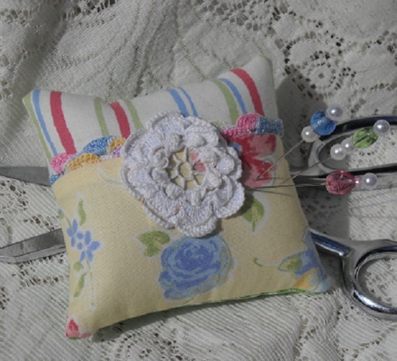 Sweet Pincushion Cottage Chic Pink Blue Yellow Vintage Lace