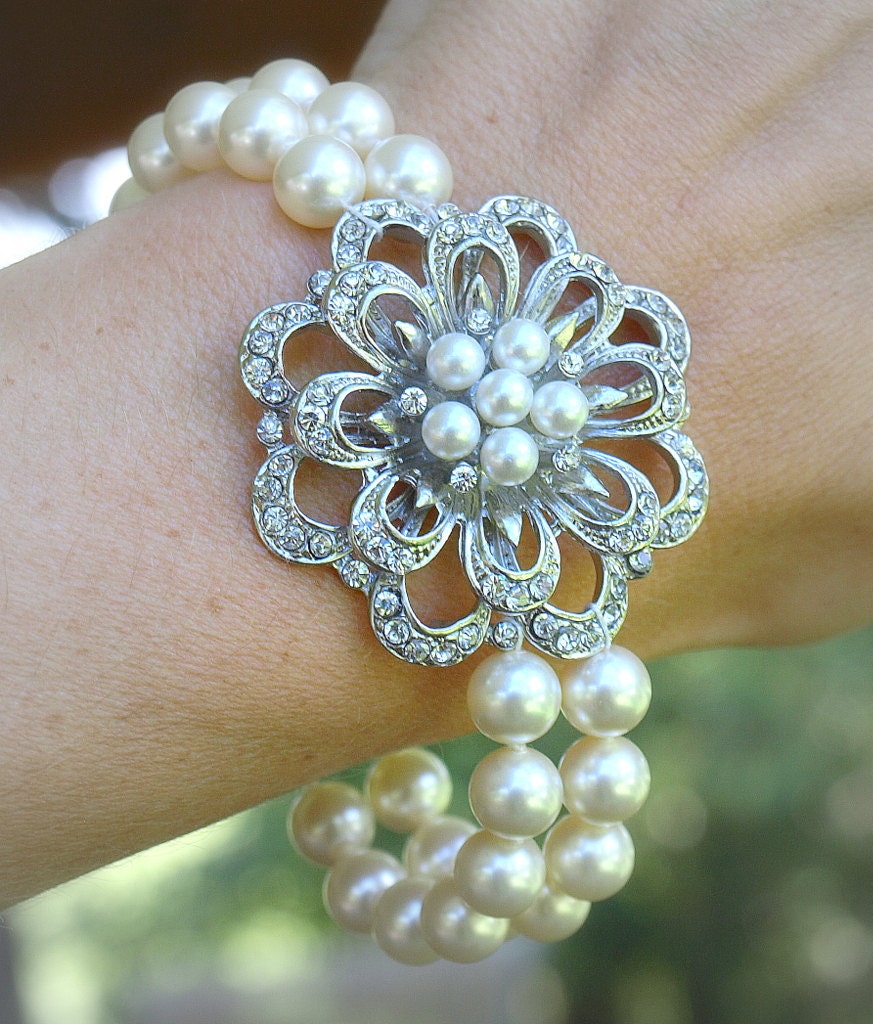Rhinestone Flower Brooch and Swarovski Crystal Pearl Bracelet