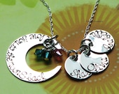 I love you to the moon and back necklace with THREE name charms and birth stones - sterling silver hand stamped