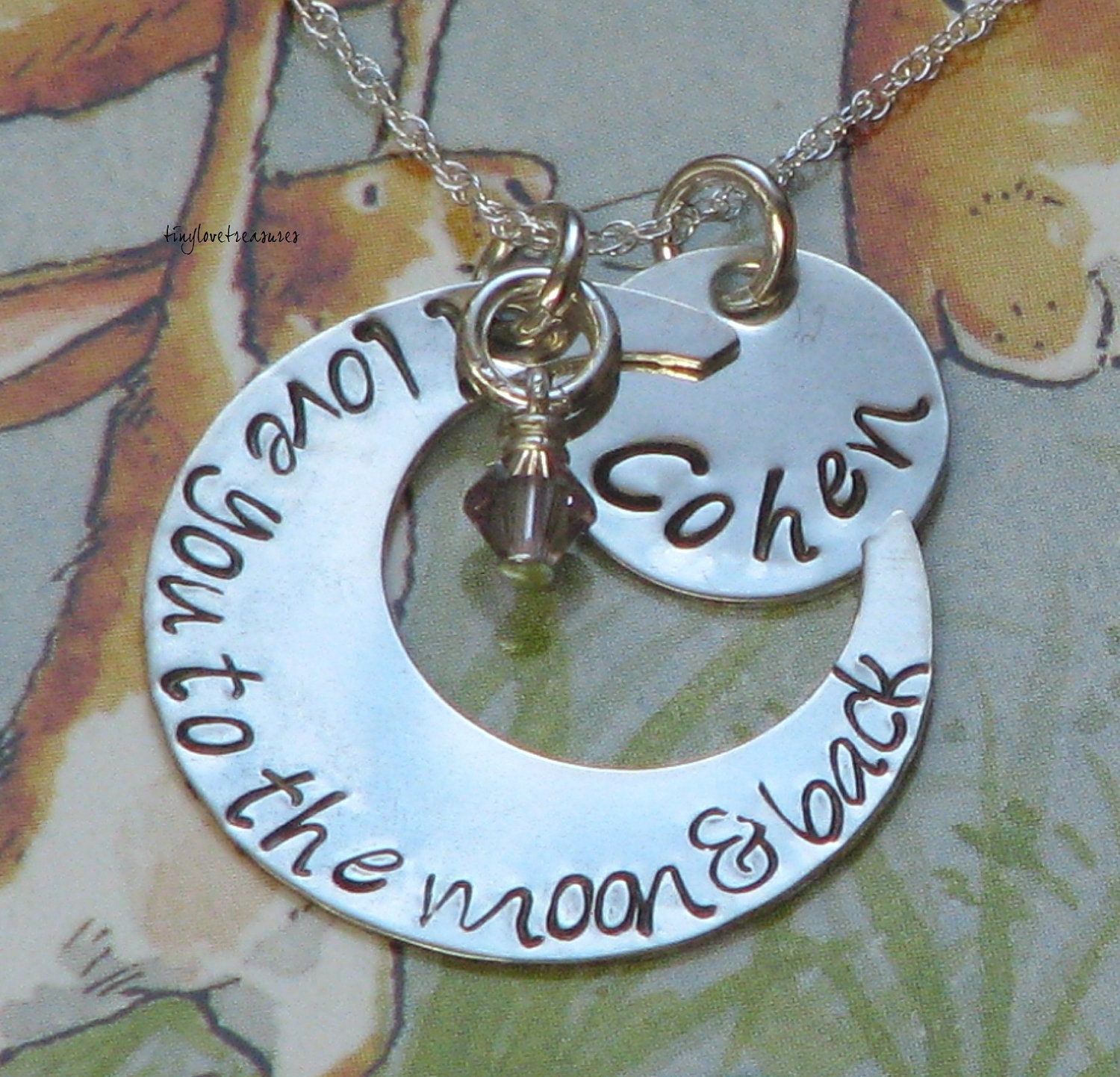 I love you to the moon and back necklace with one name charm - sterling silver hand stamped with new font