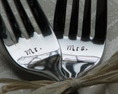 Personalized Wedding Cake Forks, handstamped Mr and Mrs forks for the bride and groom