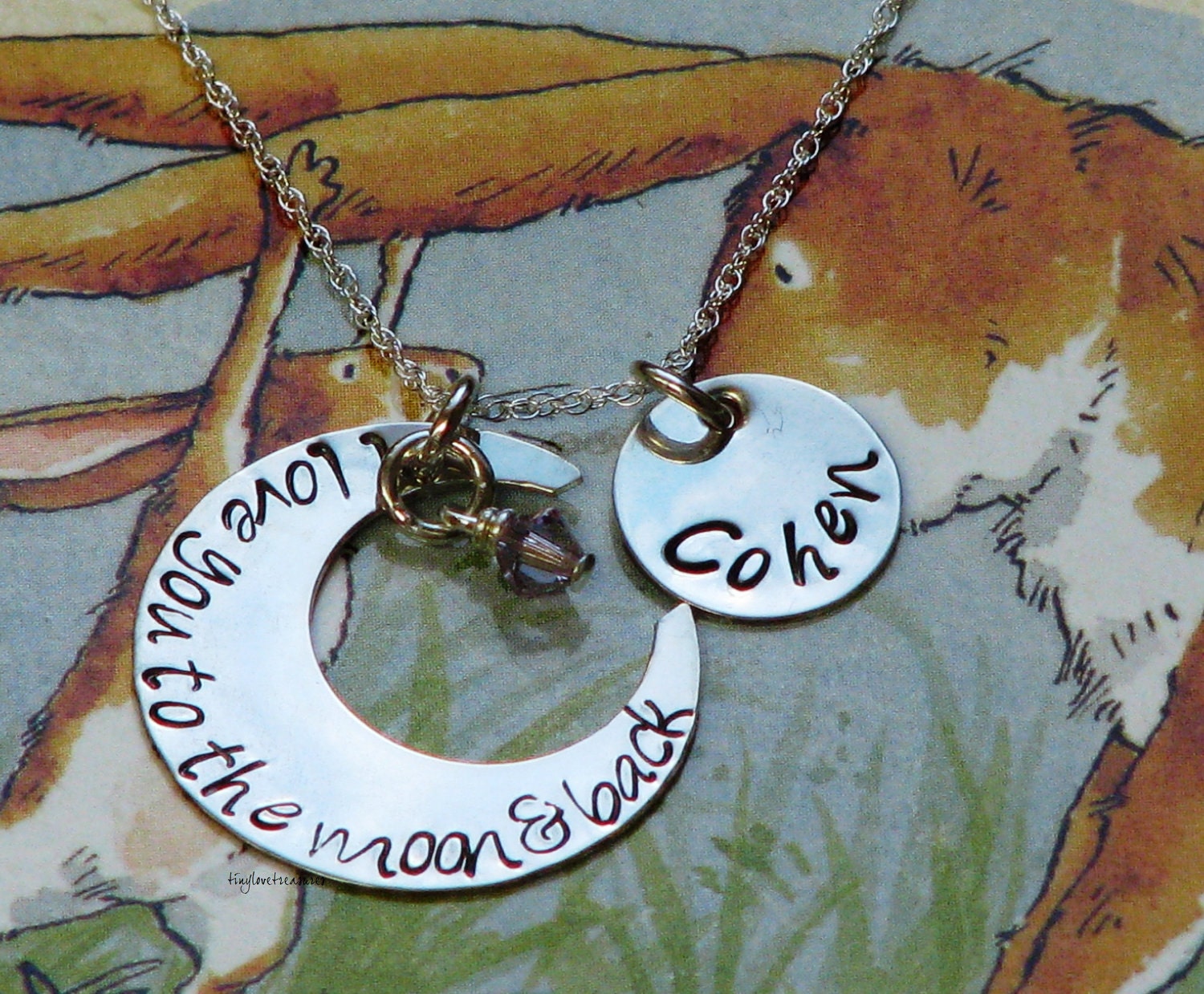 I love you to the moon and back necklace with one name charm - sterling silver hand stamped with new font