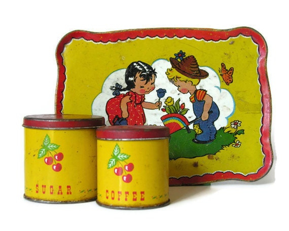 Toy Tin Litho Canisters with Cherries: Sugar, Coffee in Red and Yellow - veraviola
