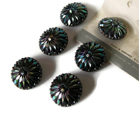 Antique Buttons Large Iridescent Peacock Colored Carnival Glass Germany US Zone Lot of 6 Vintage Supplies