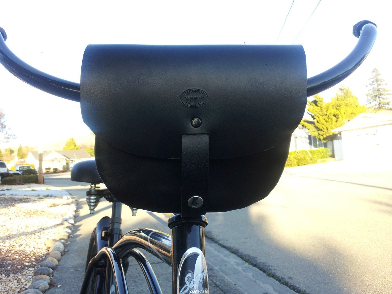 Bicycle Handlebar Bag Black Leather with Snaps