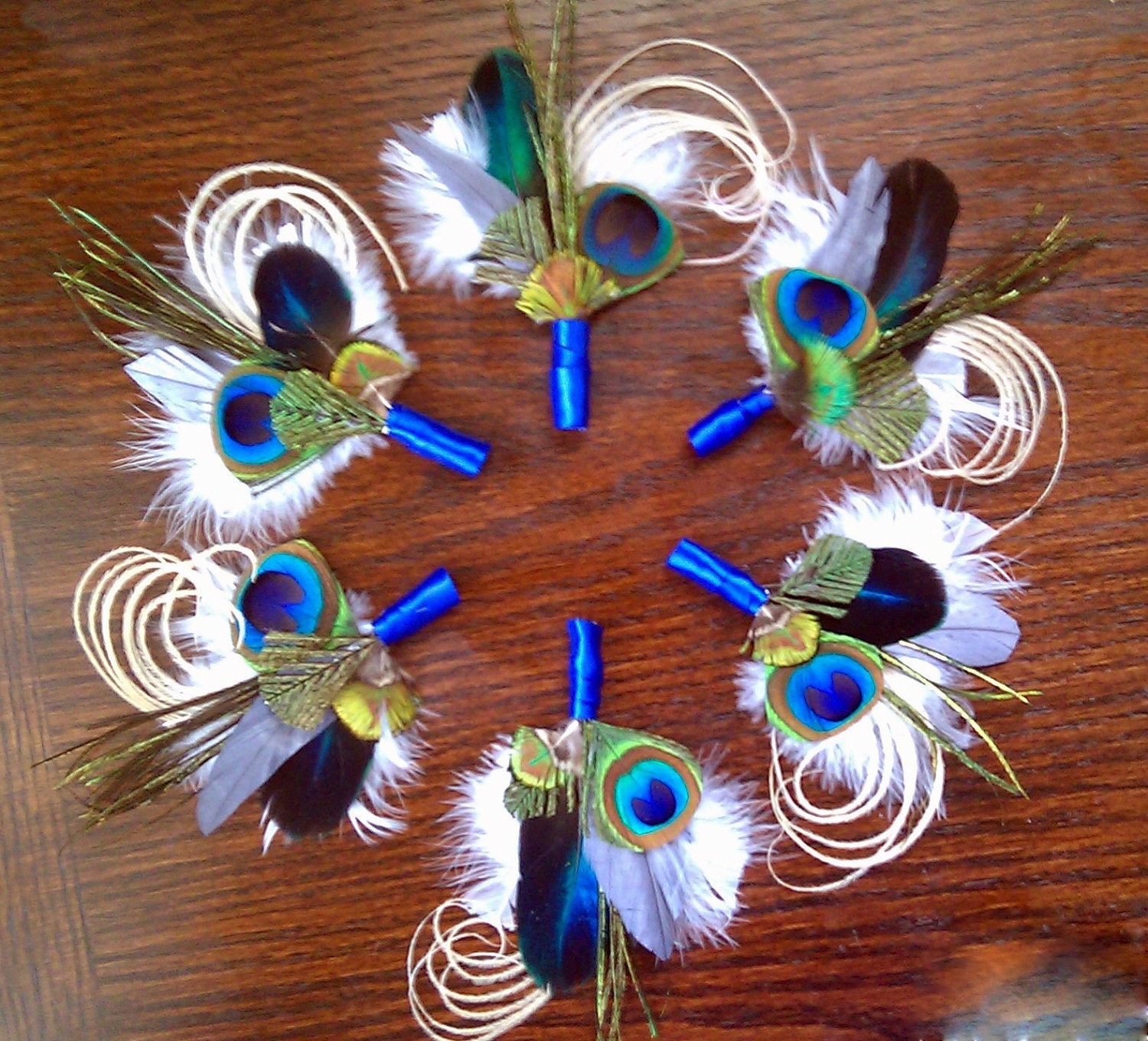 Peacock Feather Boutonniere - Set of 6 - Grooms Groomsmen Natural Wedding Lapel Pin