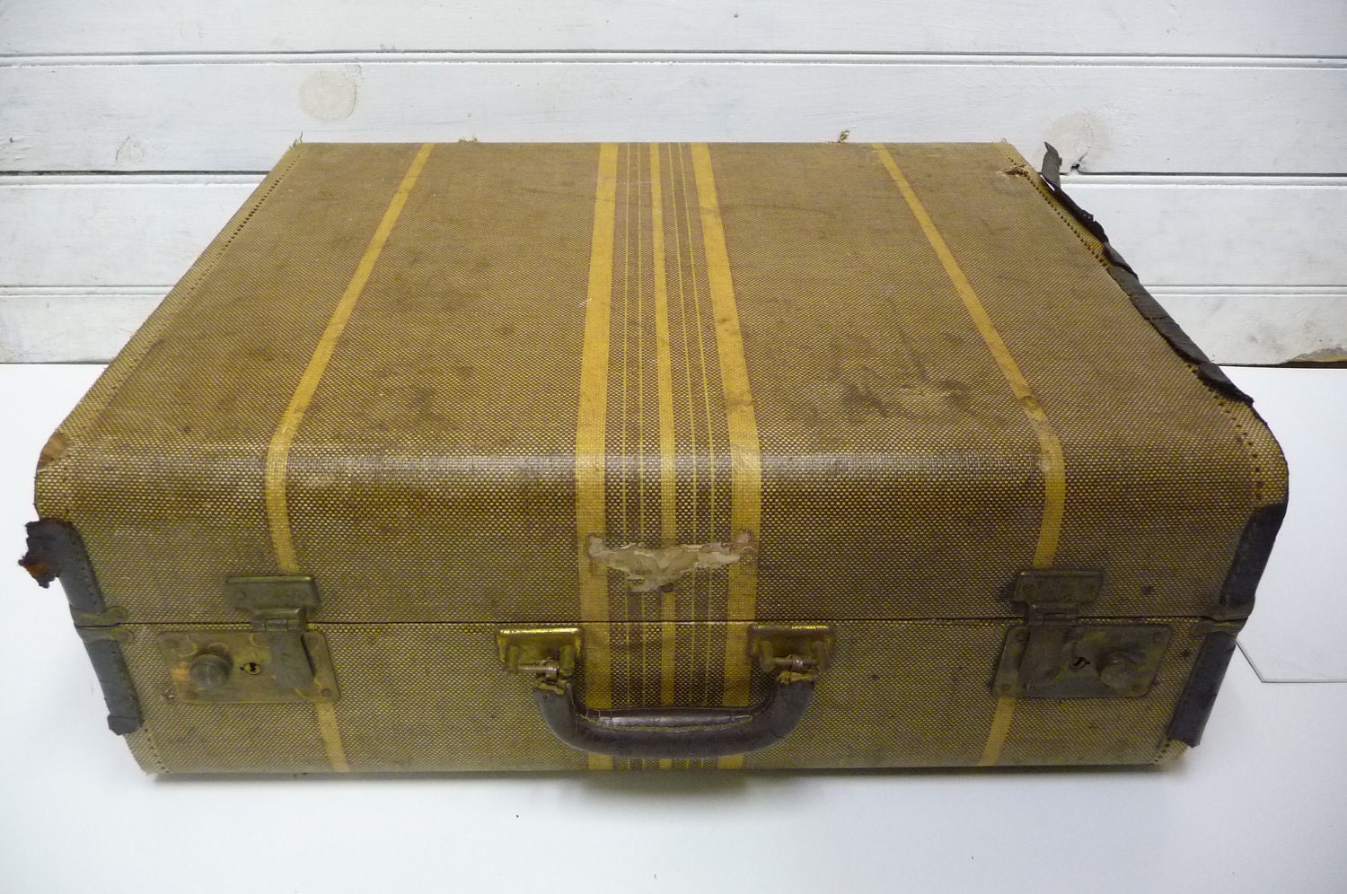 Vintage suitcase Rustic striped train case luggage Initials C.H.S