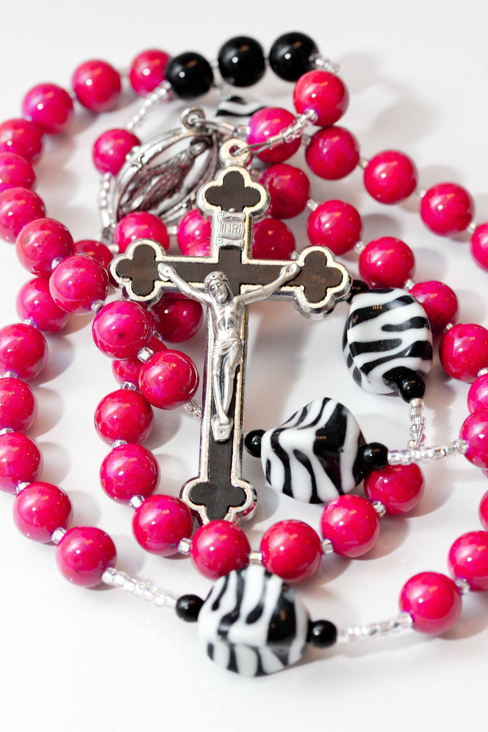 Personalized Rosary in Hot Pink and Zebra - large version
