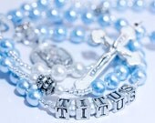 Personalized Rosary in Blue & White Pearl