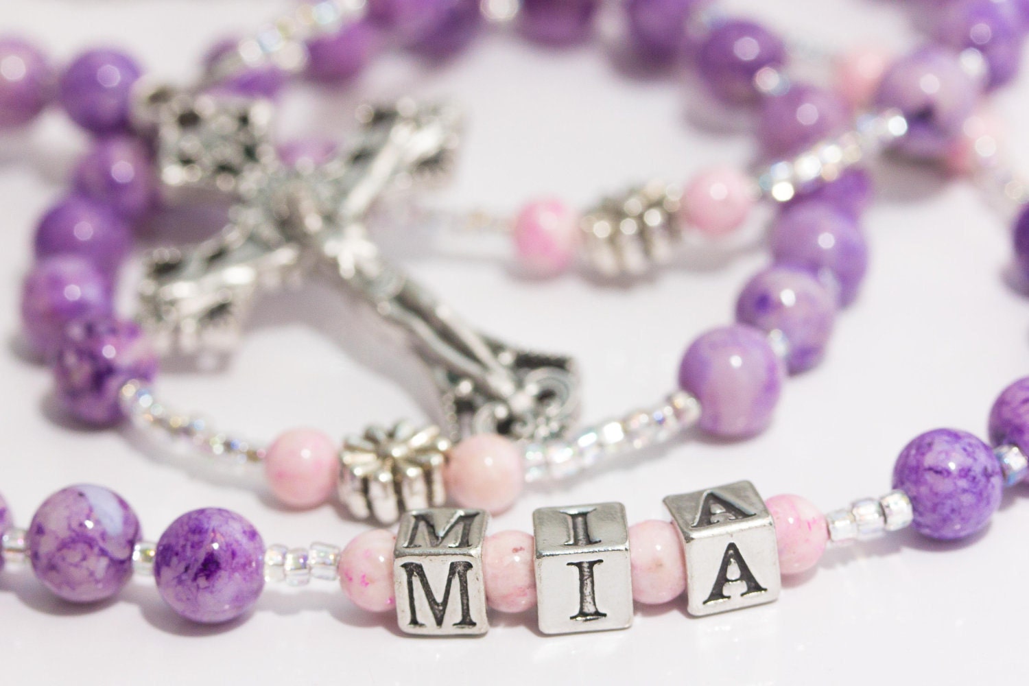 Personalized Rosary for Baptism in purple & pink