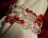 Bracelet Clear Acrylic Beads Red Gold Faux Pearls Memory Wire