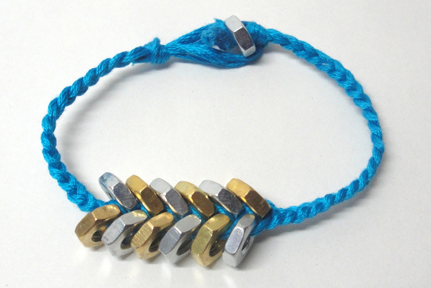 Neon Blue Two-Toned Brass and Silver Hex Nut Bracelet