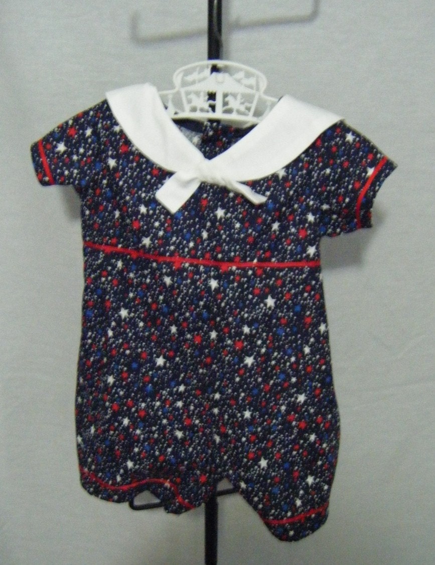 Jon jon romper for infant boy in red white and blue star print 12 month