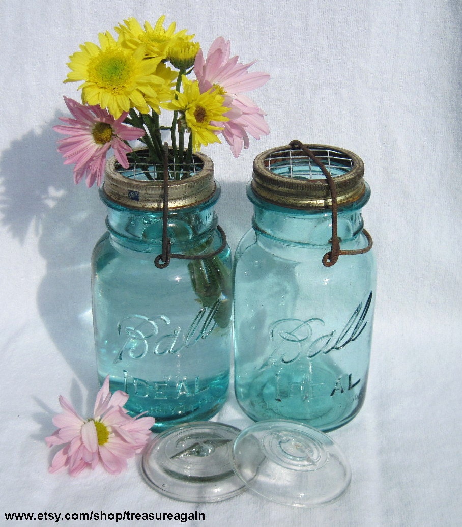Mason Jar Flower Vases 2 Antique Blue Ball Quart Glass Lid  Wire Closure Lightening Jars Rustic Flower Frog Lids, original by treasureagain