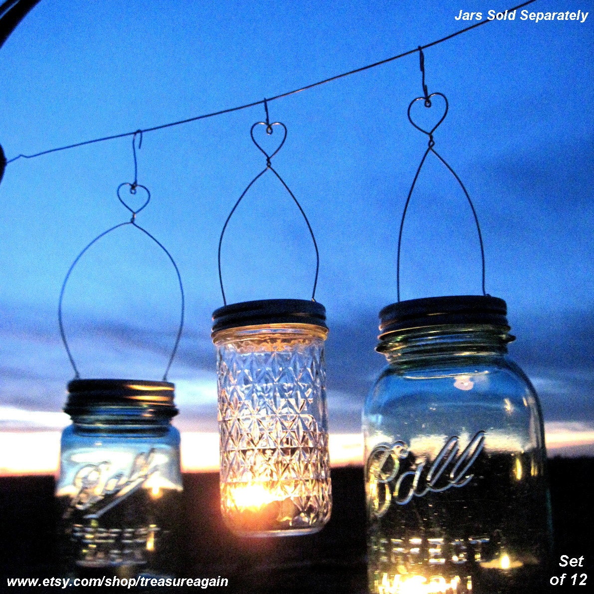 12 DIY Heart Hanging Jar Vase or Candle Mason Jar Heart Hangers, Garden Wedding Lanterns DIY Lids Only