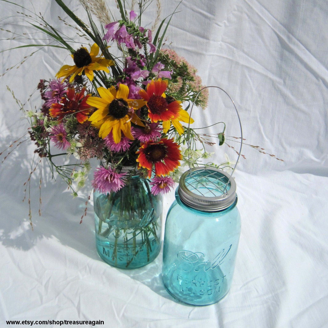 2 Hanging Mason Jars Vases with Flower Frog Lids, Wedding Mason Jars, Ball Hanging Lanterns, 2 Blue Antique Canning Flower Jars, Home Decor